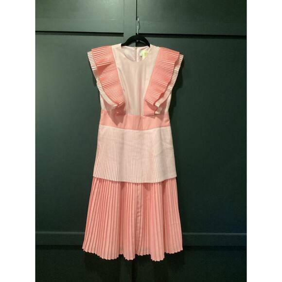 Emily Mccarthy Chloe Rose Petal Ruffle Pleated Short Sleeve Midi Dress S pink - Picture 6 of 12